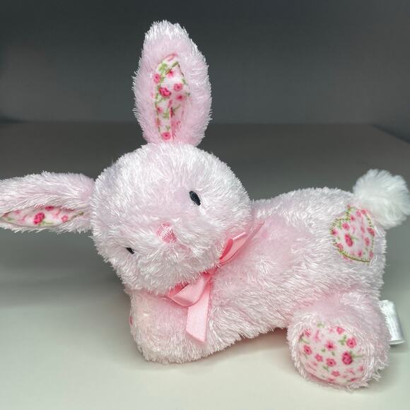 Carters Prestige Pink Bunny Plush 6” Floral Heart Paws Bow Rattle Baby Rabbit - Picture 1 of 11